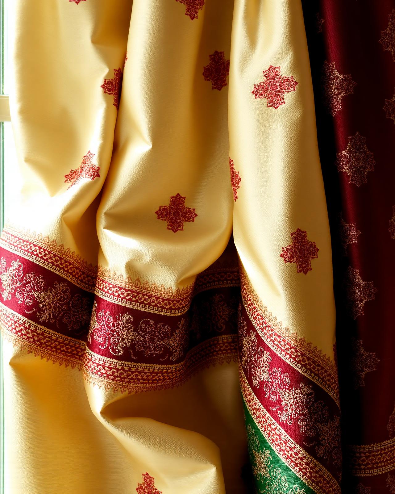 Luxurious Indian fabrics with golden zari embroidery