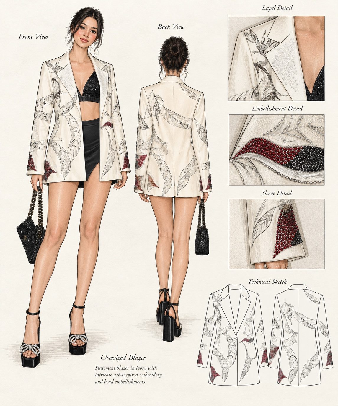 Lipika Chadda sketch for an ivory oversized blazer with beaded leaf embroidery